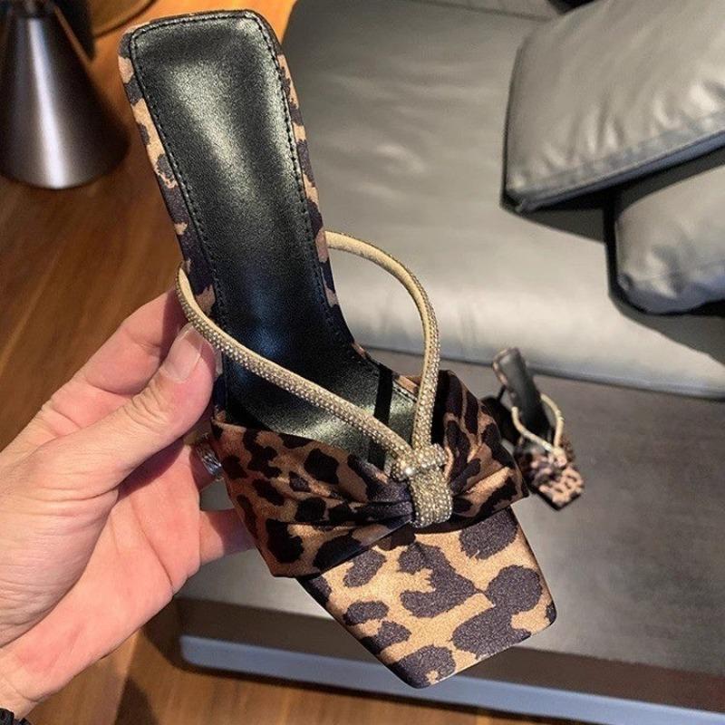 Fashion New Elegant Women Shoes Bow Knot Leopard Print High Heel Slippers Women Slippers Banquet Party Slingback Shoes Zapatos Mujer