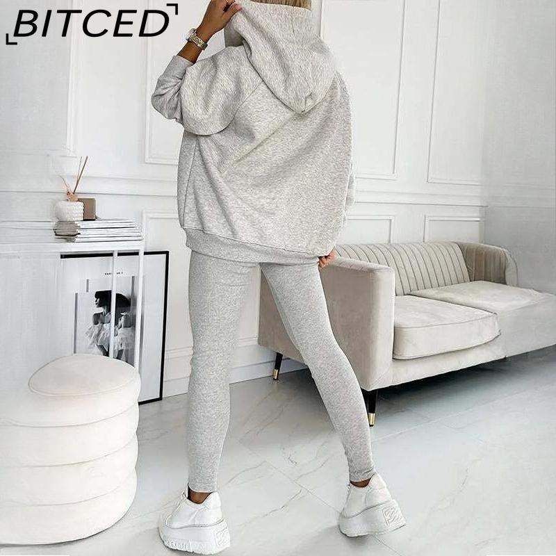 BITCED Women's Sportswear Hooded Sweatshirt with Thick Ribbed Slim-Fit Vest and Trousers Three-Piece Set