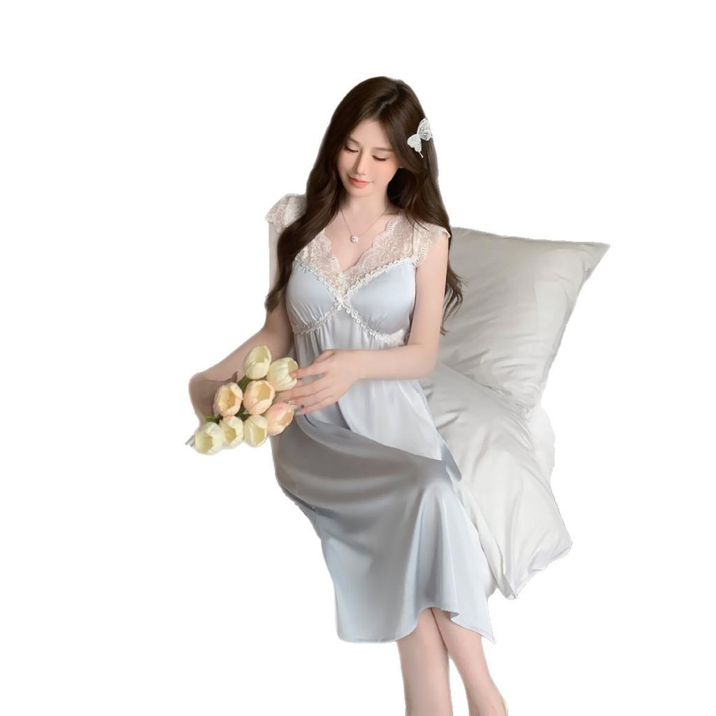 New sexy pajamas women's Ice Ribbon chest pad summer French lace nightdress medium and long loungewear can be crossed