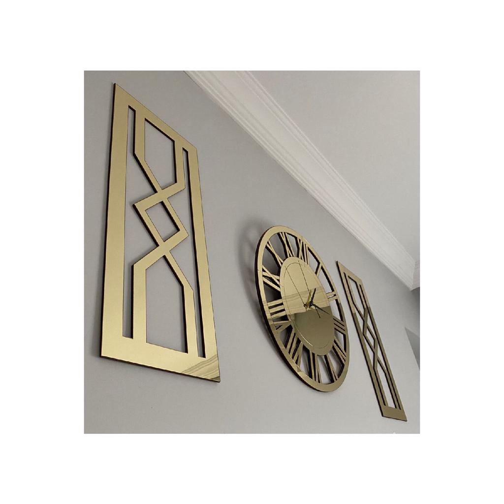 Dekoratives Wanduhr-Set, 3-teilig, Gold, 60 cm, luxuriöse römische Ziffern-Wanduhr, 30 x 70 cm, Sanduhr-Gemälde