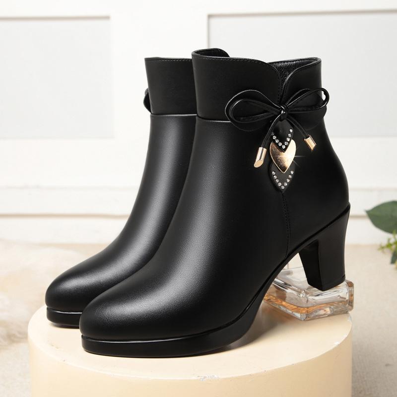 Coarse Heel High Heel Short Boots Women's Autumn and Winter New Leather Shoes Large Size New Fashion Boots Waterproof Table Cotton Boots