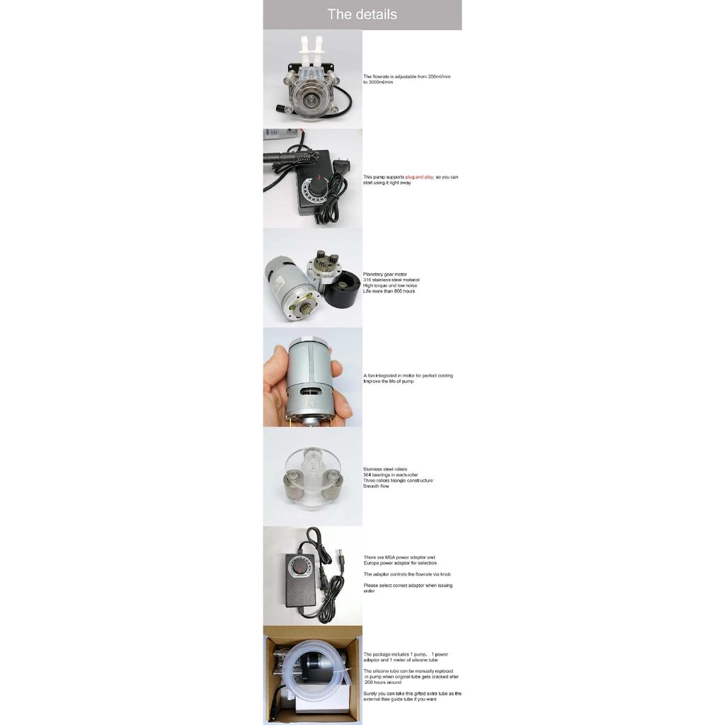 Peristaltic Pump Water Pumping Adjustable Flowrate 200ml~3000ml/min Plug and Play With Power Adaptor
