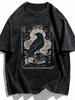 Vintage Washed Black Gothic T-shirt Men Women Occult Raven Skull Moon Print Loose Fit O-neck Short Sleeve Aesthetic Dark Tee