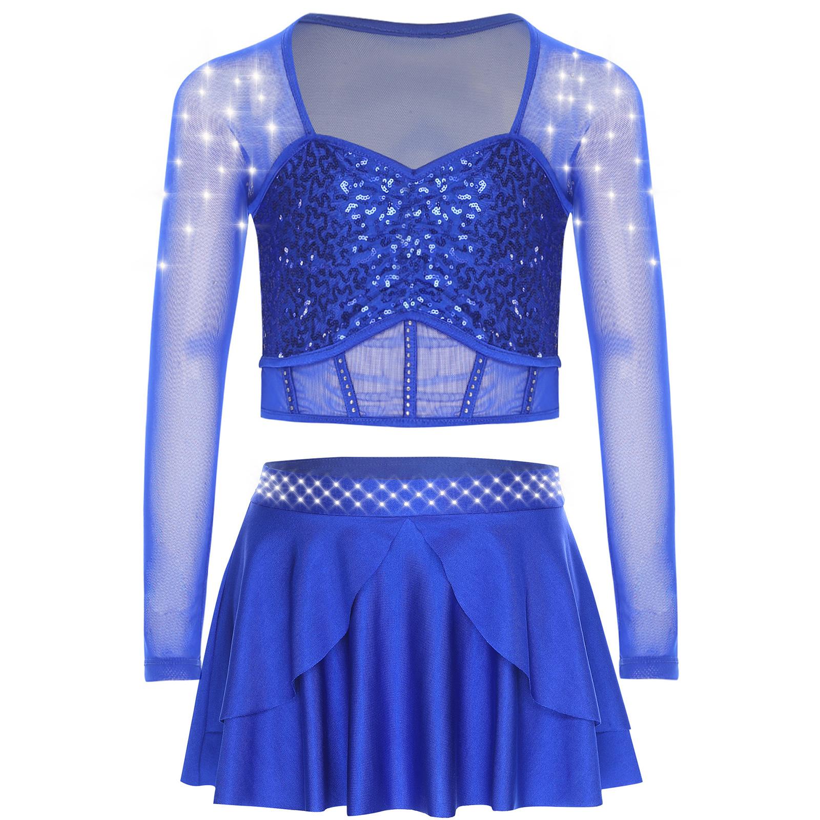 

Girls Dance Performance Outfit Sheer Mesh Sweetheart Neck Long Sleeve Sequined Crop Top Irregular Hem Skirt 15-16 Years королівський синій колір