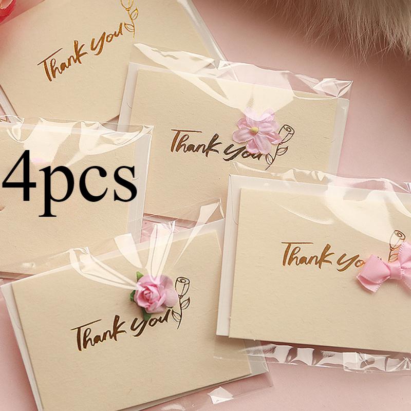 4pcs Pink Romantic Flower Hot Stamping Greeting Card, Special Paper Flower Handmade Holiday Universal Card
