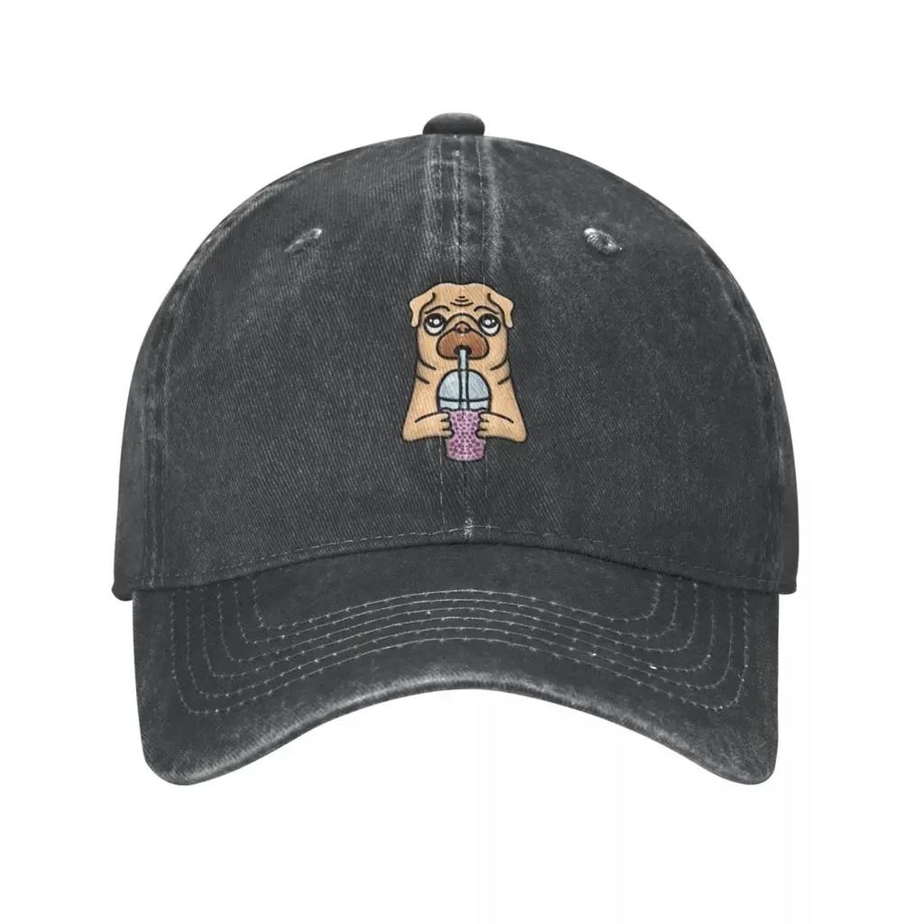 Pug dog drinking bubble tea Cowboy Hat fishing hat derby hat Women's Hats Men's