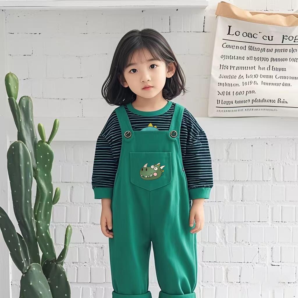 Baby and Children's Autumn/Winter Dinosaur Crocodile Strap Pants Two Piece Set Striped Round Neck Outerwear