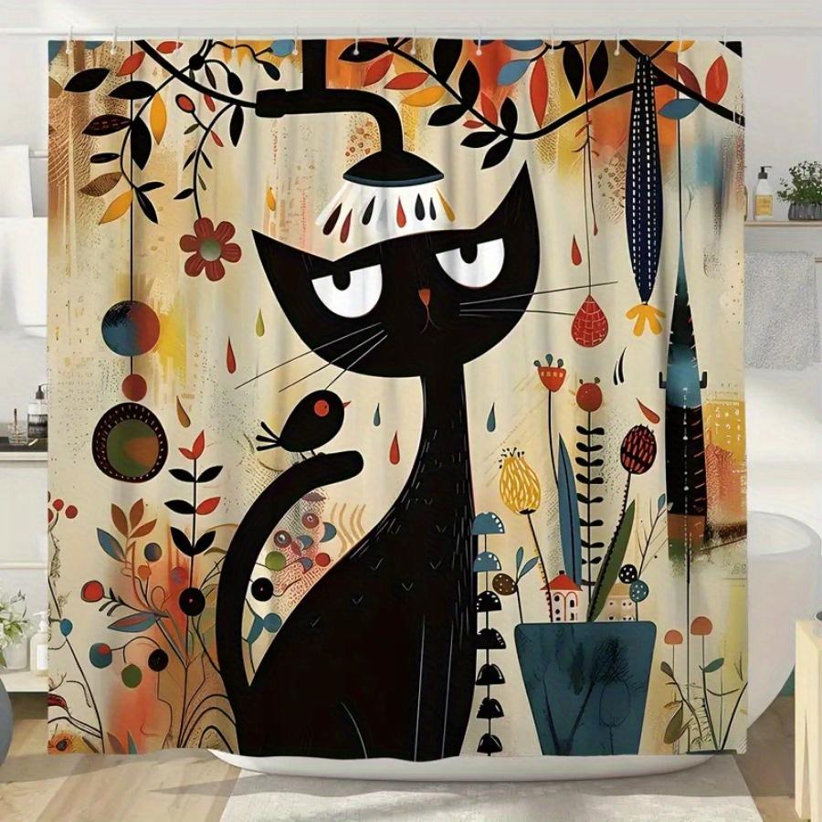 Whimsical Black Cat Waterproof Shower Curtain - Colorful Garden Design, High-Quality Fabric, Durable and Stylish