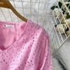 French Pink V-Neck Embroidered Ruffle Dress: Women's Autumn/Winter Waist-Cinching Long Dress