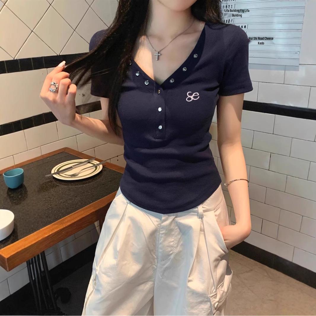 

Spicy American V-neck Straight Shoulder Slimming T-shirt - Women s High-end Summer Short Sleeve Medium
