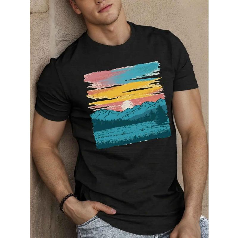 Men'S Casual Graphic T-shirt, Geometric-pattern Crew Neck Short Sleeve T-shirt for Summer Outdoor