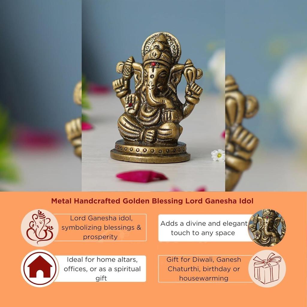 Golden Metal Handcrafted Blessing Lord Ganesha Idol for Home Decor Office Car Dashboard- Ganesha Statue