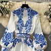 Módní přehlídka Červené a bílé porcelánové šaty Dámské Stojáček Dlouhý lucernový rukáv Modrý květinový potisk Košilové šaty Vestidos