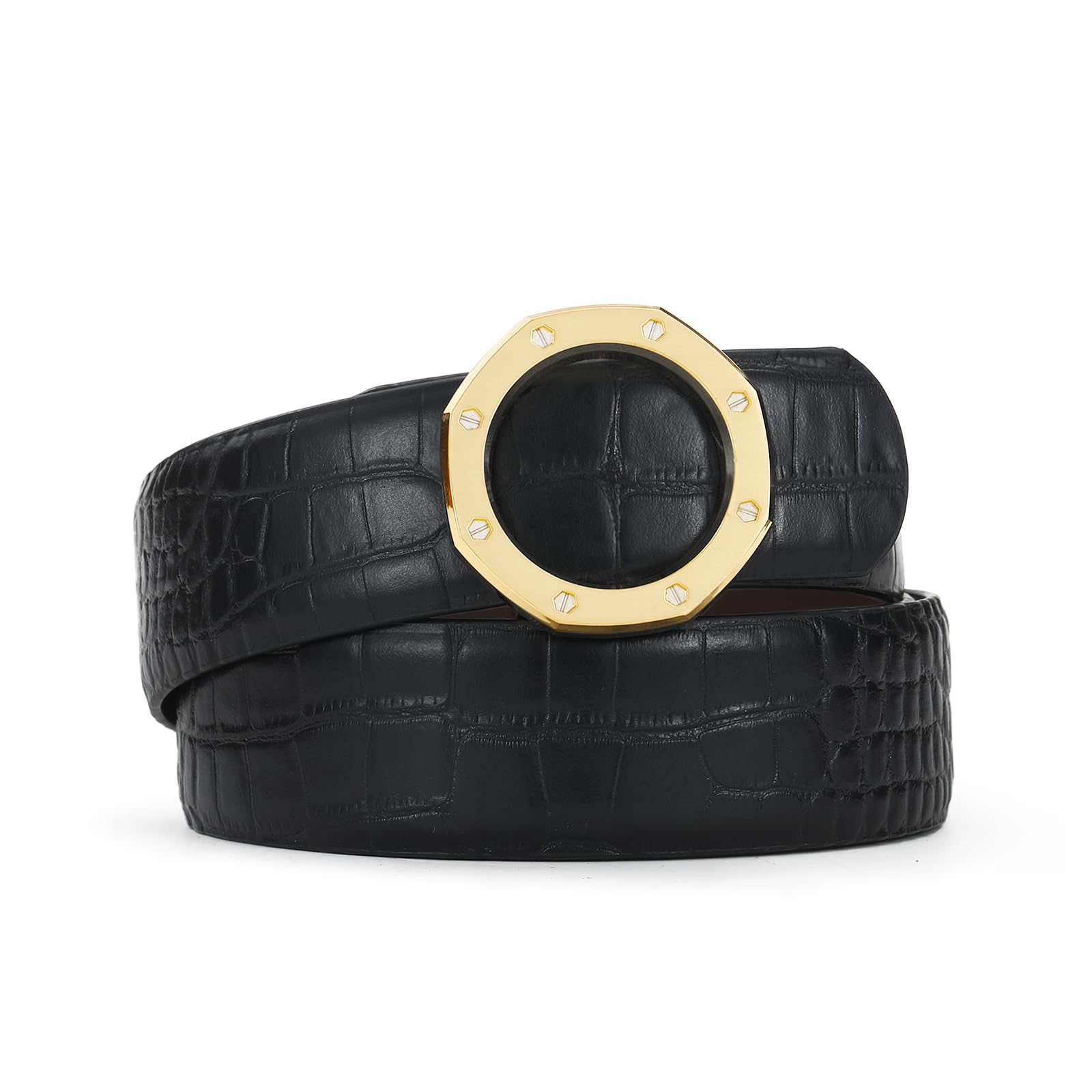 [RISANTRY] Men s Leather Reversible Belt with Gold Buckle, Adjustable Length, Perfect Gift, Men s Dress Pants Belt