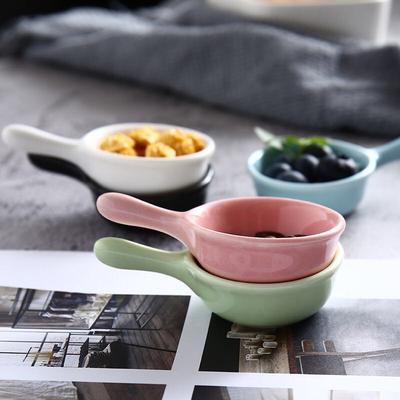 Japanese Style Ceramic Seasoning Dish with Handle Small Round Salad Dressing Plate for Tomato Chili Vinegar Soy Kitchenware