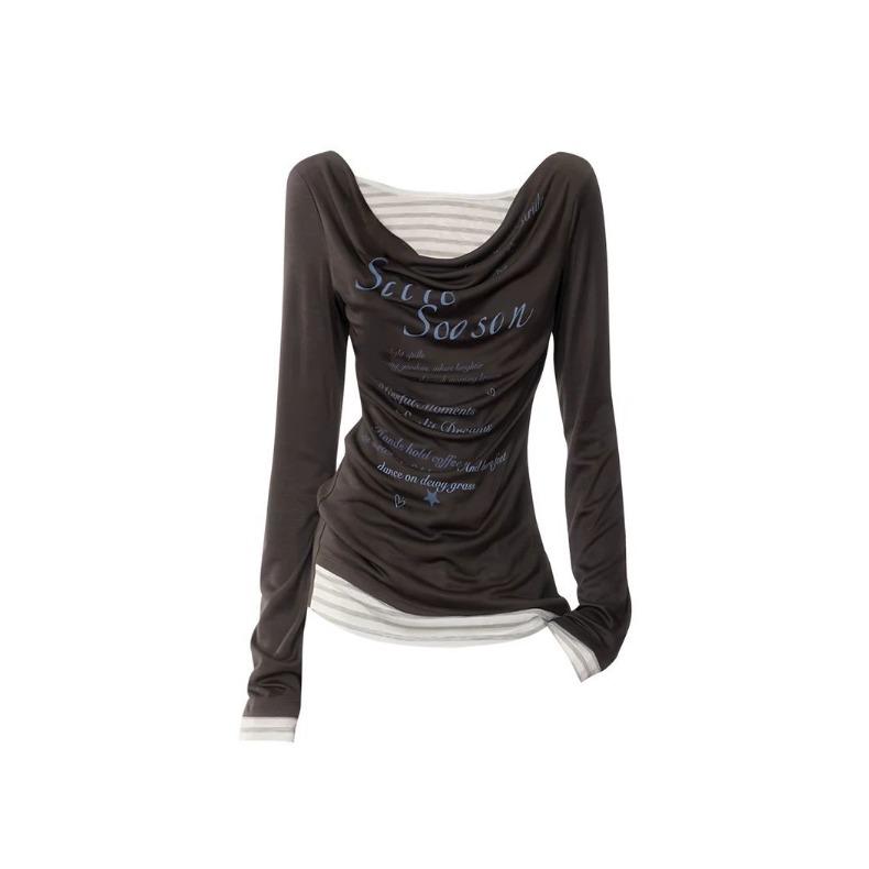 T-shirt Vintage Rayé Patchwork Col Drapé Manches Longues Femme Mode Imprimé Lettres Haut