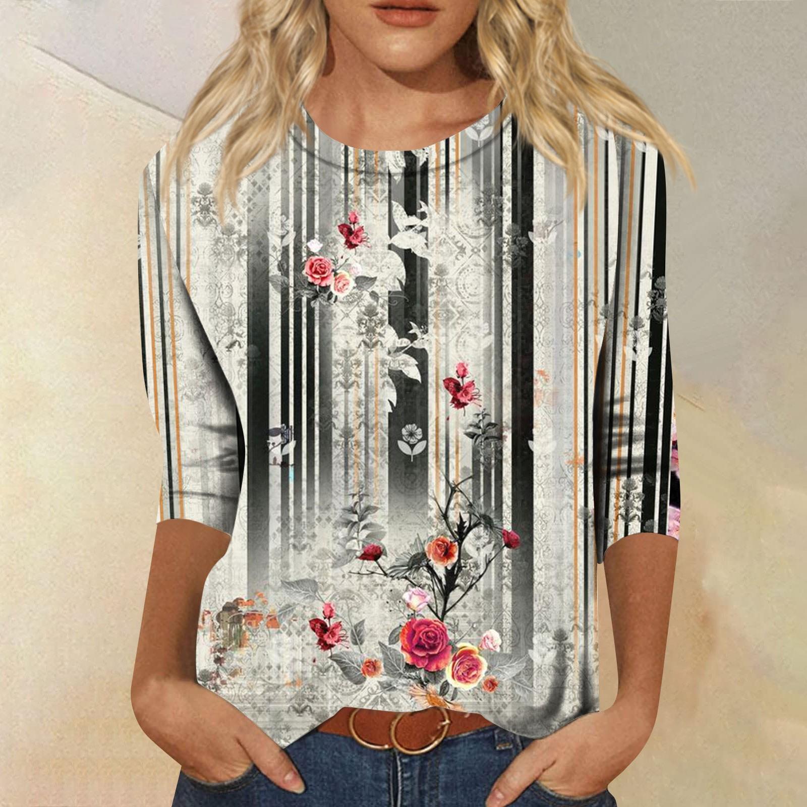 

Рубашки с рукавом 3/4 для женщин, милые топы, футболки с рисунком, блузки, повседневные базовые топы больших размеров, пуловеры S