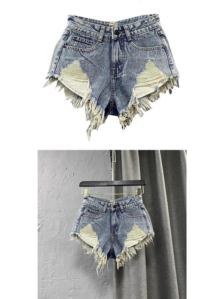 Vintage Low Rise Denim Shorts with Fringe & Ripped Pockets