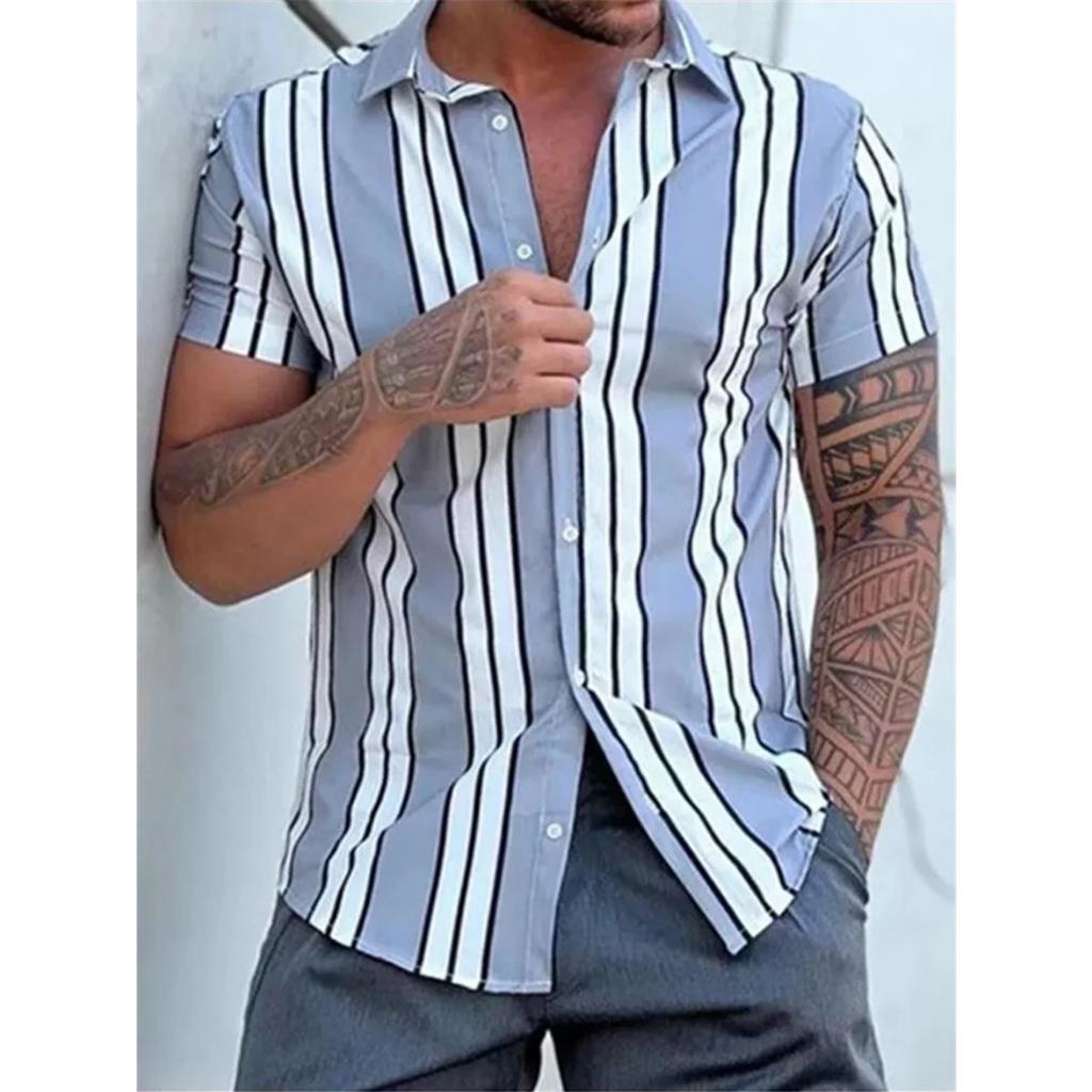 Men's Hawaiian Shirt 3D Stripe Print Short Sleeve Summer Loose Casual Large Size Simple Fashion Lapel Button Men's Tops