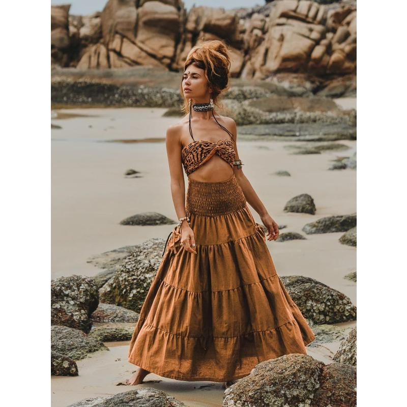 Tiered A Line Skirt Women Forest Fairy Pockets Patchwork Long Dress Elastic Waist Vintage Hippie Gypsy Maxi Skirt