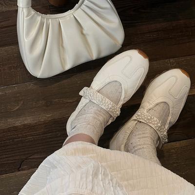 Sheepskin Version~ Casual Sports Shoes Women's Ballet Shoes Platform Pearl Belt Versatile Forrest Gump Shoes Mary Jane Shoes