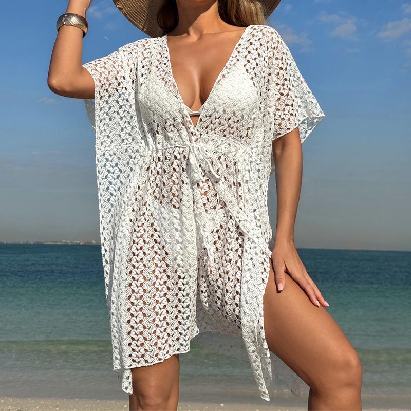 European & American Women's Sexy Hollow Deep V-Neck Knit Waist-Cinching Beach Cover-Up Dress