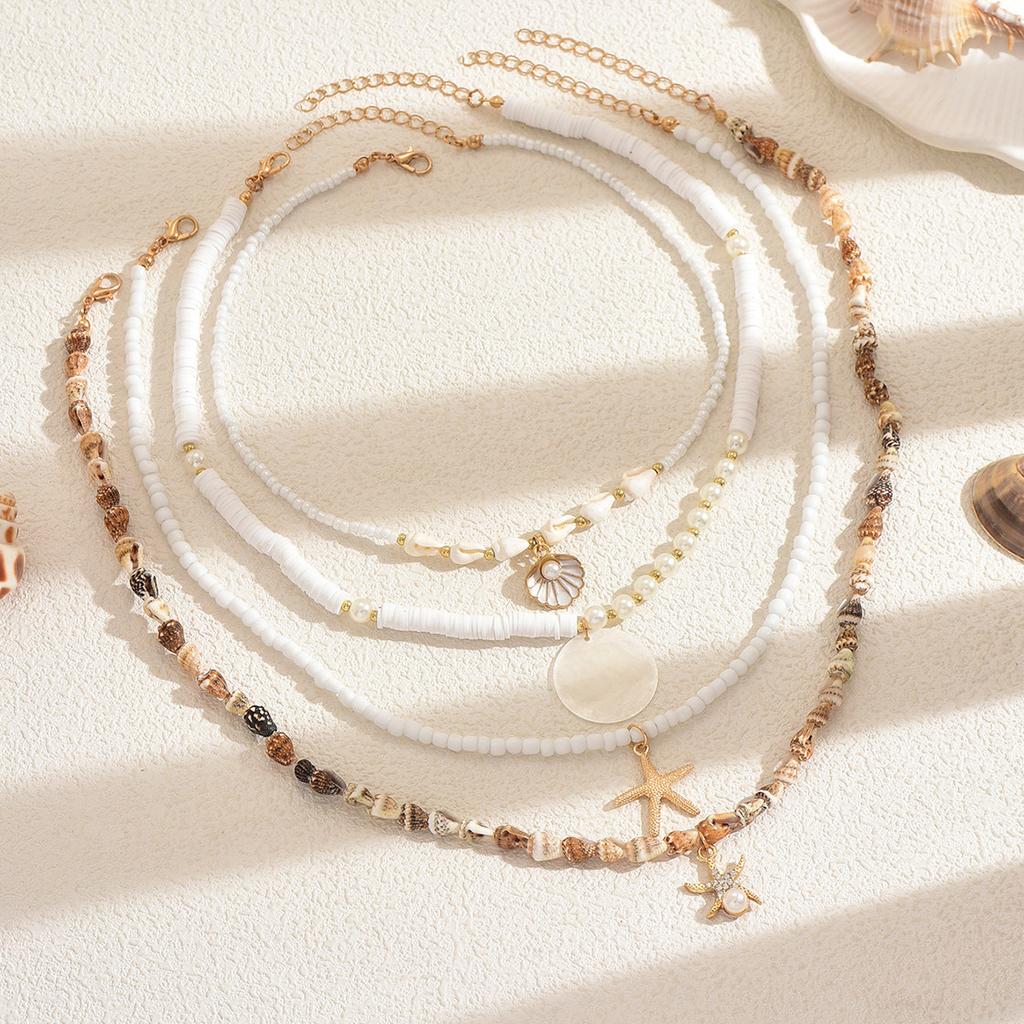 Seaside necklace European and American beach vacation starfish shell pearl neck chain stacked beaded collarbone chain female