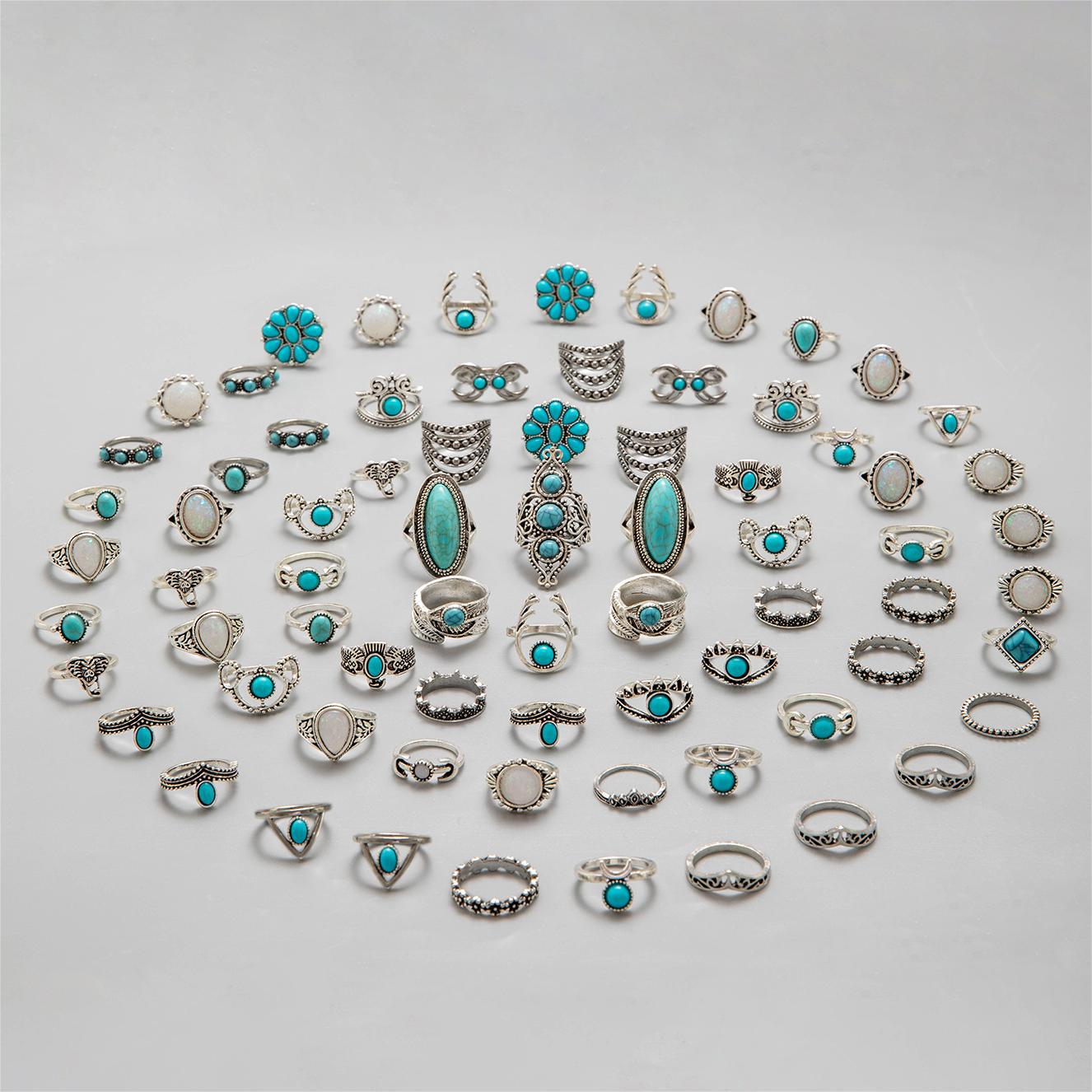 

JMXD-15 шт. Набор богемных колец с цветком бирюзы, винтажные геометрические кружевные штабелируемые украшения в стиле бохо-шик для женщин
