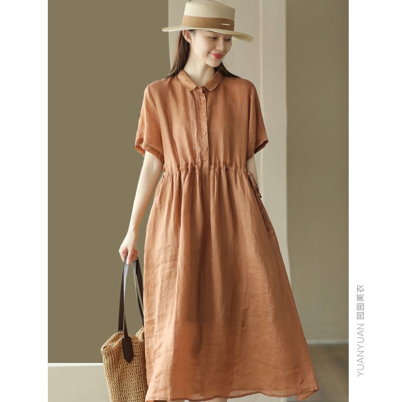 

Летнее тонкое хлопково-льняное платье с коротким рукавом, женское платье-рубашка с облегающей талией и эффектом похудения, однотонное, уменьшающее возраст, льняная юбка миди, мода Caramel L