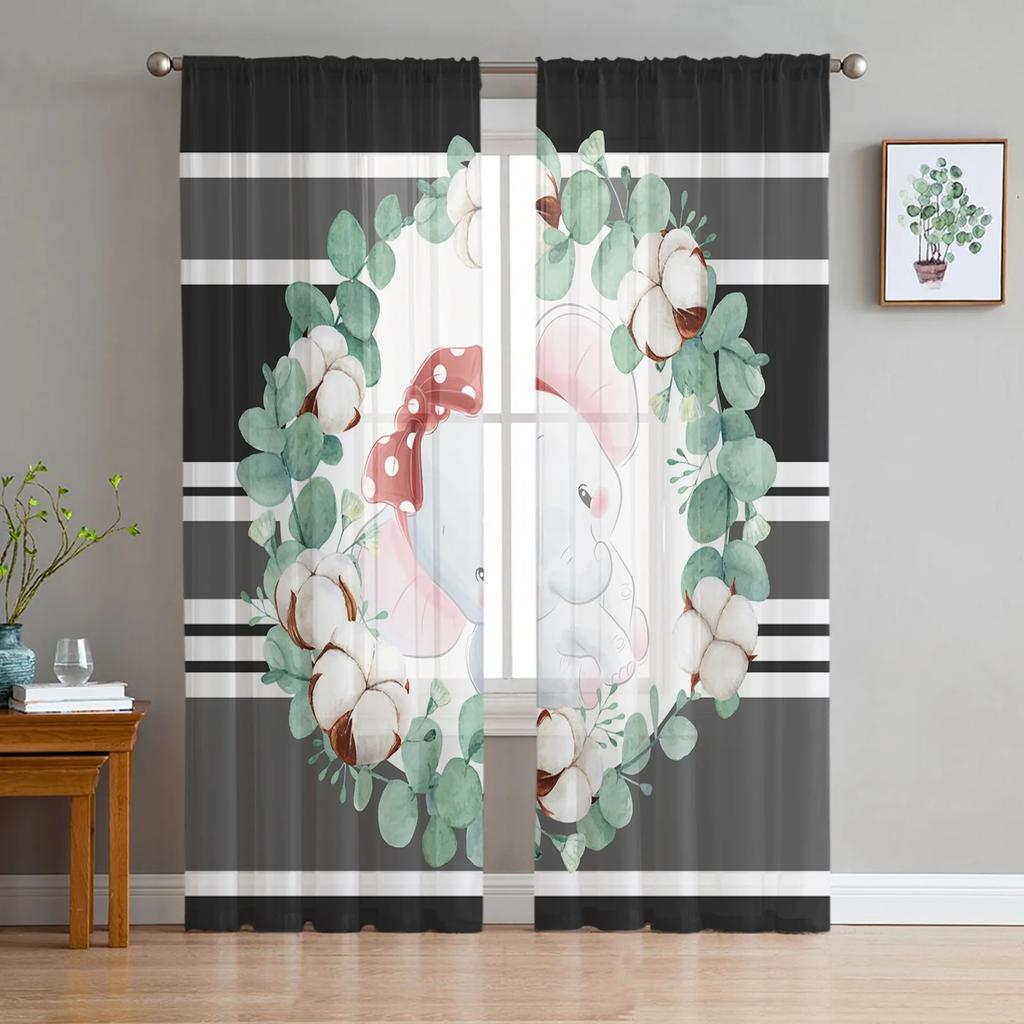 Elegant Elephant Cotton Bow Tulle Curtains for Living Room Kitchen Bedroom Balcony Sheer Chiffon Fashion Home Decor