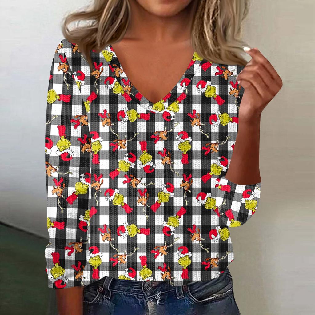 Women's Cute Sweatshirt Knitted Fashion Casual V-neck Long-sleeved  Cozy Print Top