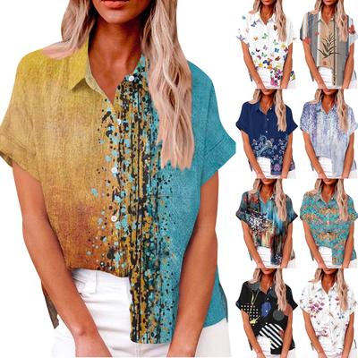 Moda feminina solta casual manga curta lapela botão para baixo camisa estampada com bolso camiseta top