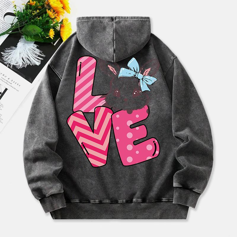 Cute Rabbit Washed Hoodie Womens Love Letter Printed Cotton Clothes Distressed Pocket Oversize Womans Streetwear