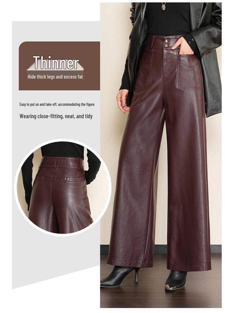 Chic Women's High-Waisted Lambskin Wide-Leg Pants - 2025 Autumn/Winter Slimming Casual Fit