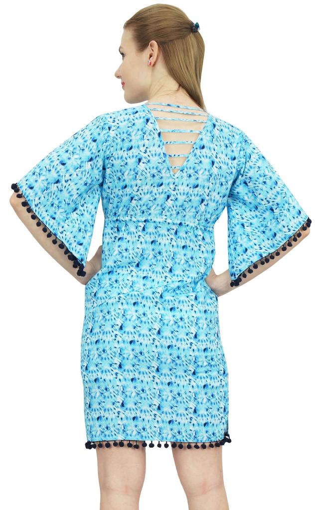 Bimba Light Blue Short Length Printed Women's Beach Dress With Tie Waist Dori -