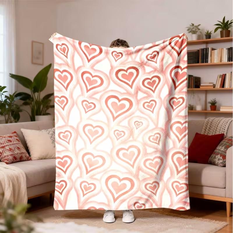 Watercolor Pink Gradient Heart Blanket Soft Cozy Blanket Romantic Love Pattern Sofa Bed Blanket Decor Daily All Season Use
