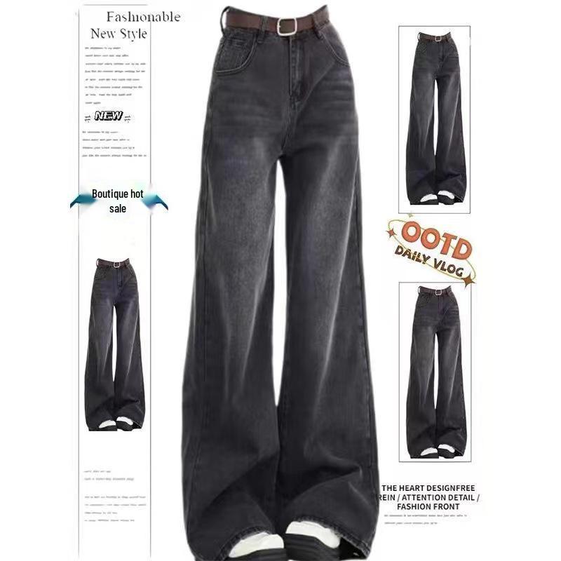 

American Women s Retro Washed High-Waist Wide-Leg Jeans - Black/Grey, Floor-Length, Loose Fit, Autumn/Winter Collection S (41.5-46.5 kg)