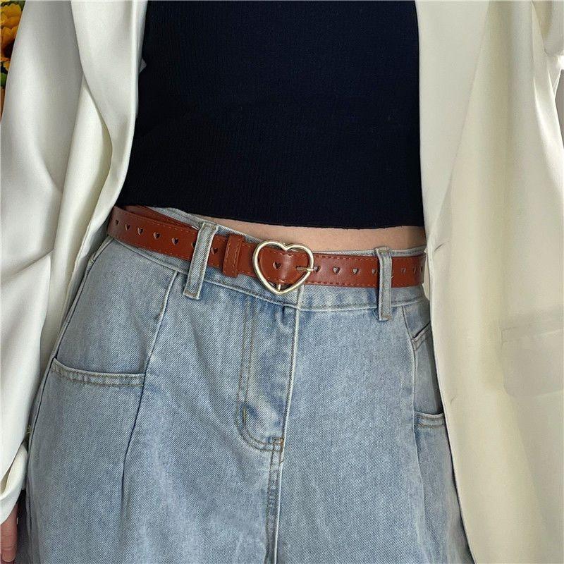 Chic Heart Hole Belt For Students Versatile Pu Material Adjustable Stylish Design