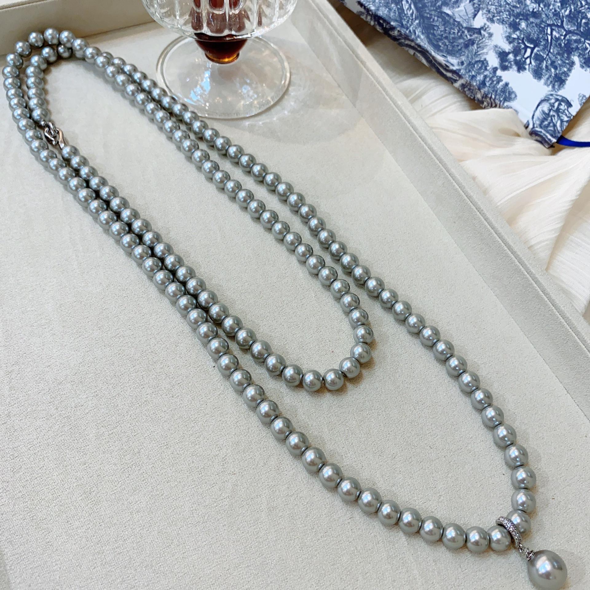 

Pearl Double Stacked Long Neck Chain Niche Design Fashionable Silver Necklace Beads High-End Exquisite Chain Sweater Chain
