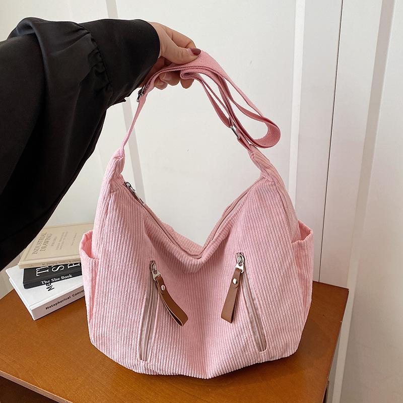 

Solid Color Corduroy Shoulder Bags for Women Large Capacity Ladies Multi-Pocket Hobos Tote Simple Portable Girls Crossbody Bag