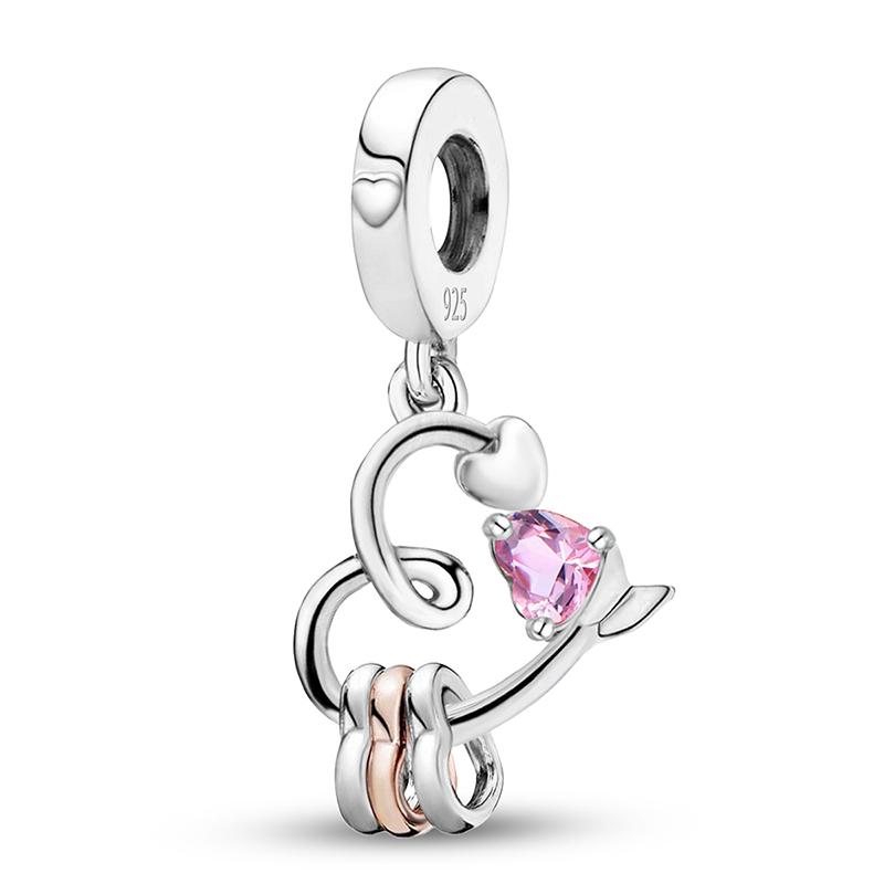 Copper Pendants Zircon Pink Love Heart Charms Beads Fit Original Pan Bracelet Bangles Diy Jewelry For Women