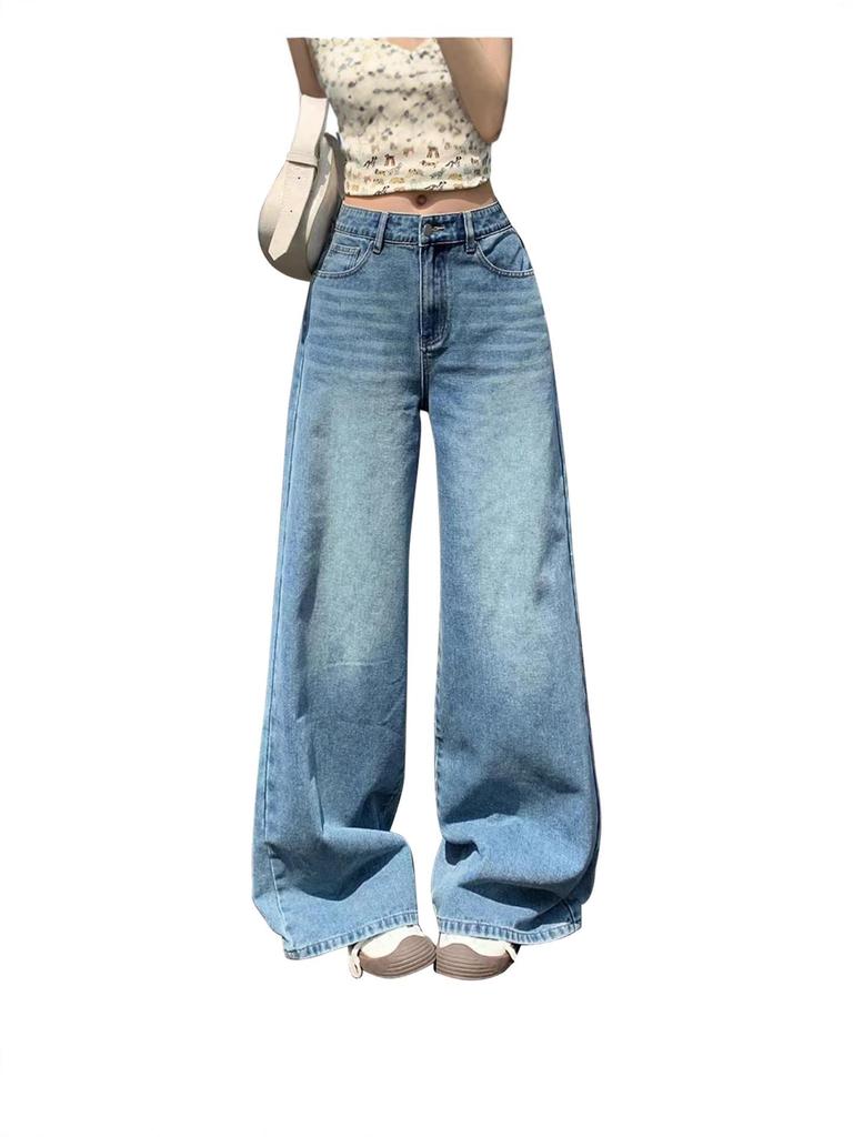 American Retro High-Waisted Wide-Leg Jeans for Women - White, Straight-Leg, Floor-Length, Slimming, Drapey.