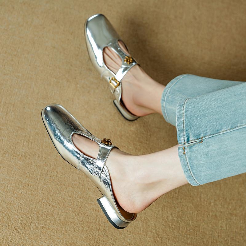 Fashion 2025 New Summer Women Mules Genuine Leather Women Shoes Square Toe Chunky Heel Sliver Women Sandals Low Heel Modern Slippers