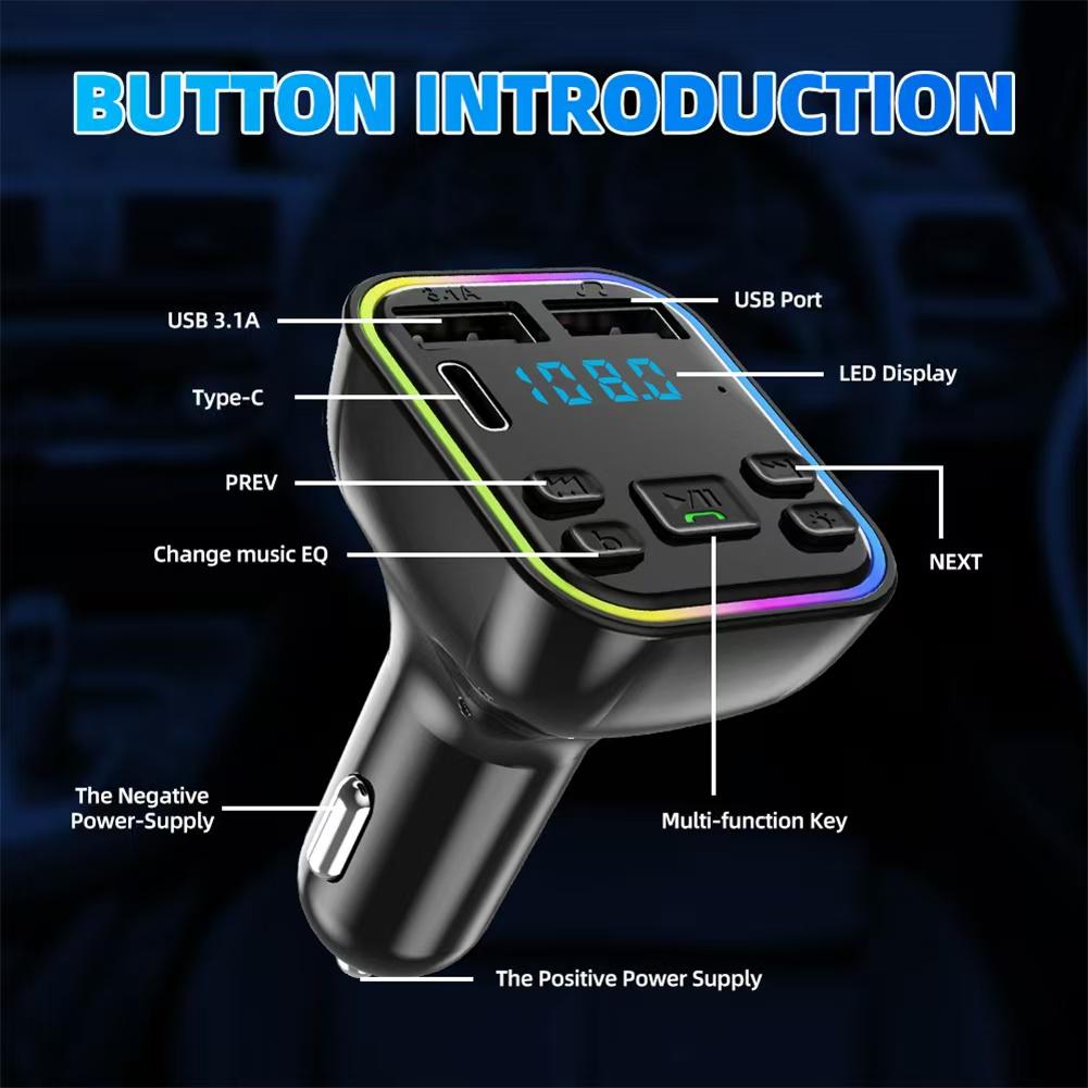 Car Bluetooth5.0 G38 FM Transmitter PD Type-C Dual USB 3.1A Fast Charger Colorful Ambient Light Handsfree MP3 Modulator Player
