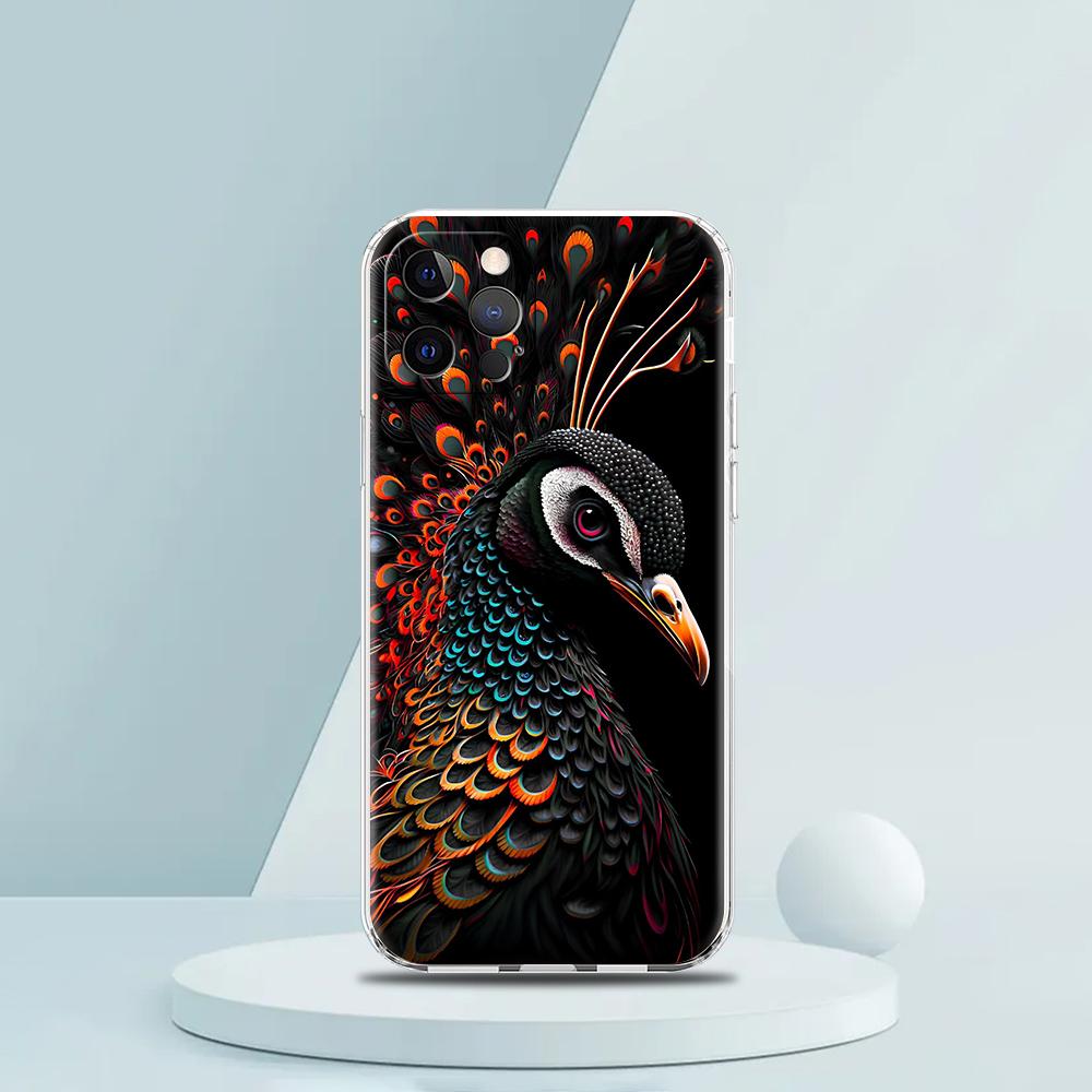 Soft TPU Transparent Phone Case Cover for iPhone 16 15 14 13 12 11 Pro Max XR 8 7 Plus XR Shell Animal Cute Peacock Pattern Bags