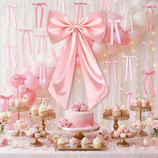41Pcs Large Pink Ribbon Bow Decoration Fabric Party Ornament for Wedding Birthday Christmas Indoor Outdoor Hanging Decor for Walls Windows Gardens