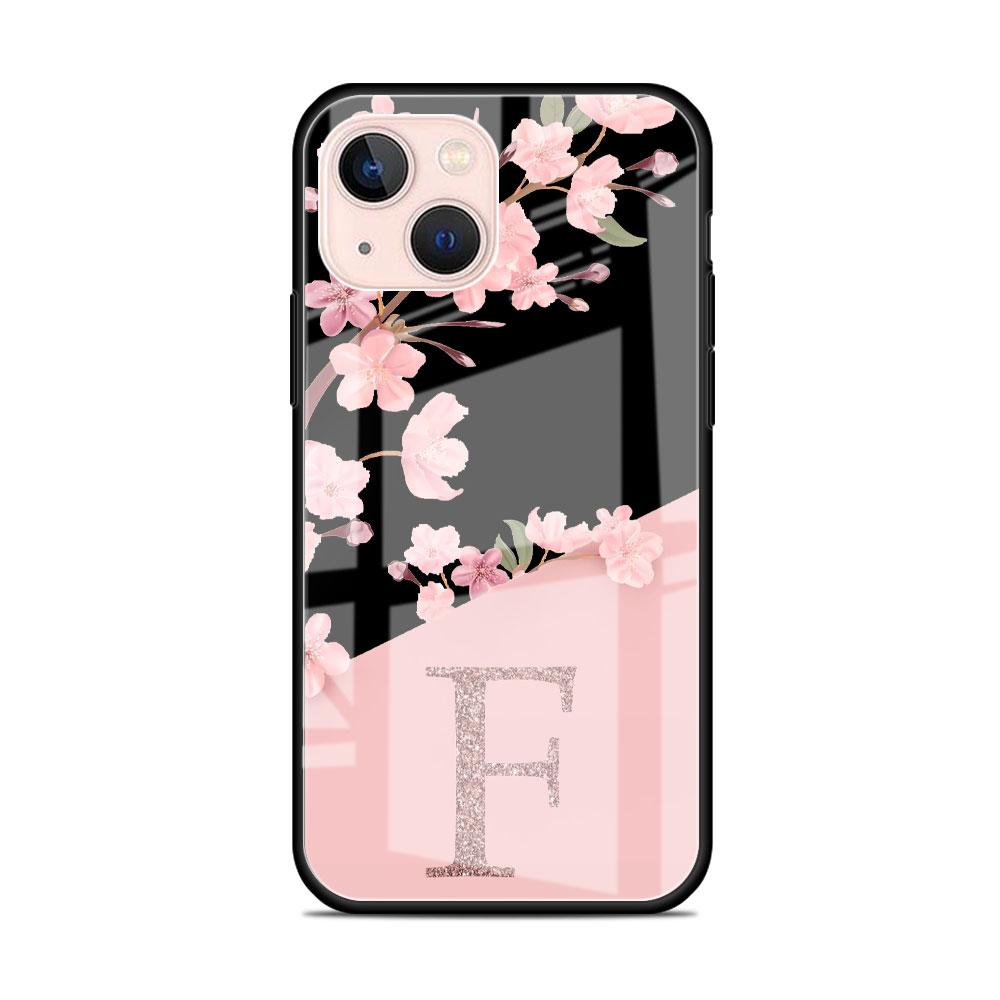 Glass Case For Apple iPhone 14 13 Pro 11 12 7 8 Plus SE 2022 XR X XS Max 6 6S Phone Cover Custom Cherry Blossom Flower Initial