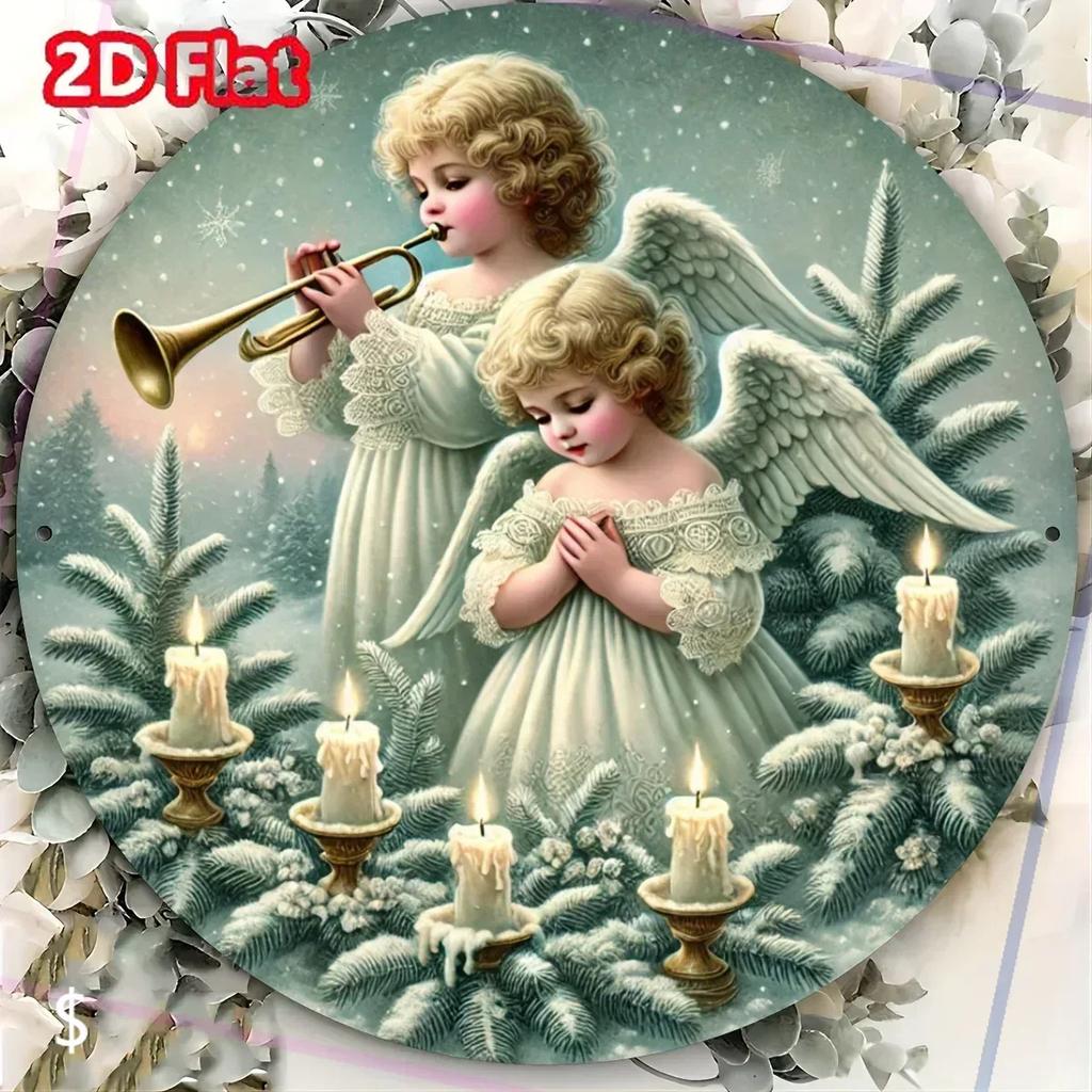 pcHome Decorative PaintingsFoil Engraving Angel Christmas Tree Round Metal Sign Aluminum Wall Art For Home Cafe Bar