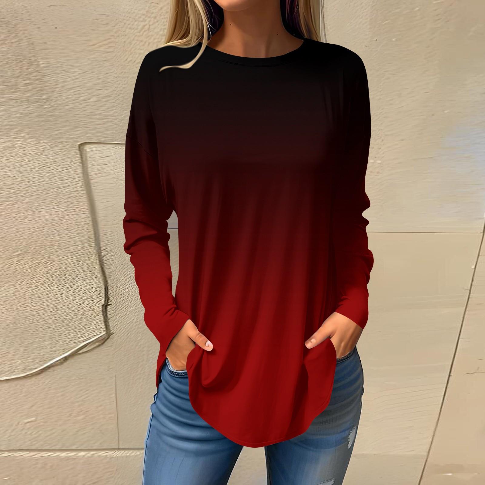 

Женская свободная футболка с длинным рукавом и круглым вырезом с градиентным принтом, верхний пуловер XXL красный