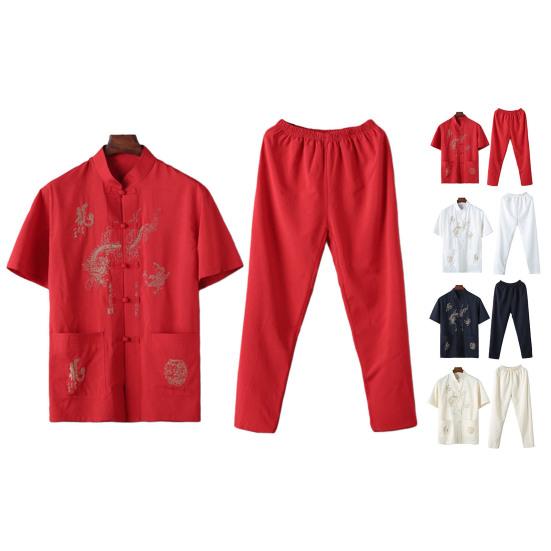 2 bucăți/set costum casual de vârstă mijlocie stil chinezesc cu model dragon cu mânecă scurtă cu un singur piept Topuri cu talie elastică set de pantaloni lungi